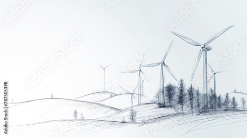A simple pencil drawing of wind turbines on the horizon, against a white background. Sustainability and green energy concept environmental conservation
