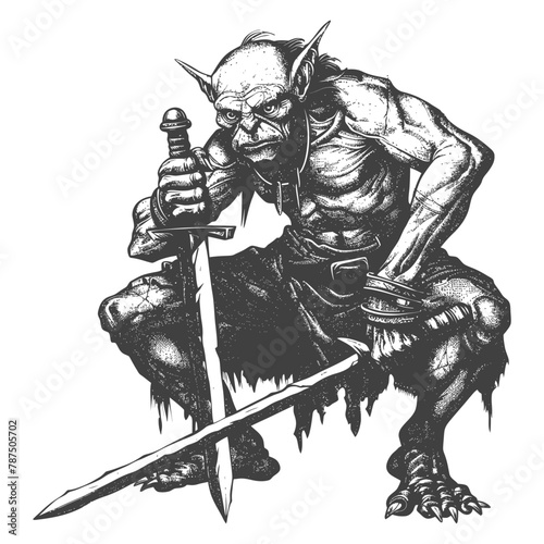 goblin warrior with sword images using Old engraving style
