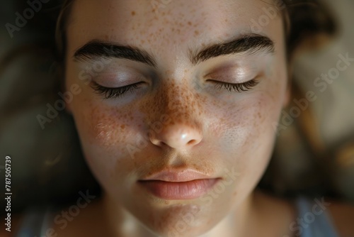 Young woman practicing breathing exercises, calming, gentle, focused, restorative, compact camera, macro lens, dusk, instructional photography, digital, realistic, dim natural light