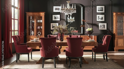 A dining room with a stunning cork table as the centerpiece surrounded by elegant highback chairs upholstered in a rich burgundy fabric. The walls are adorned with vintage black and .