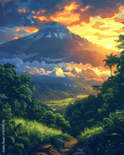 Vibrant Mountain Sunset Painting Featuring Forest Landscape in Malawi Africa