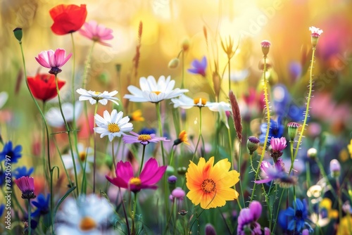 Field Bursting With Colorful Wildflowers and Daisies