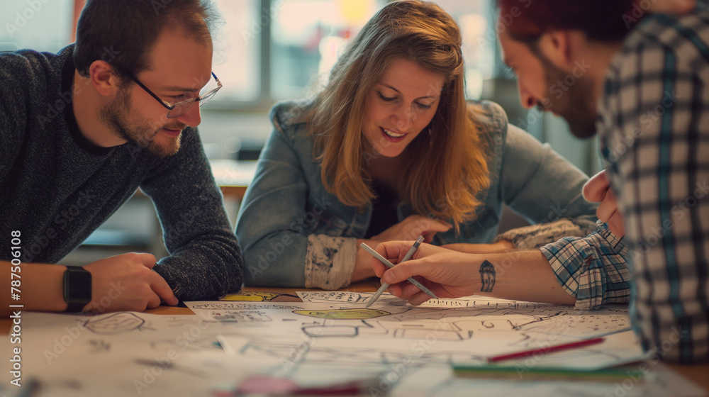 Fototapeta premium Creative team members sketching concepts and iterating on design ideas. Happiness, love, team, knowledge, desire to live