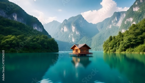 serene landscape with wood cabin on pristine lake, surrounded by towering mountains and lush greenery. The cabin should be built on stilts over crystal clear lake photo