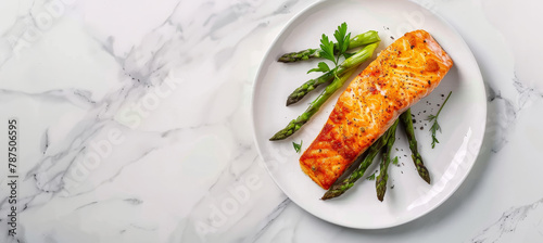 Delicious Fried Salmon Fillet & Asparagus Top View