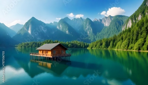 serene landscape with wood cabin on pristine lake  surrounded by towering mountains and lush greenery. The cabin should be built on stilts over crystal clear lake