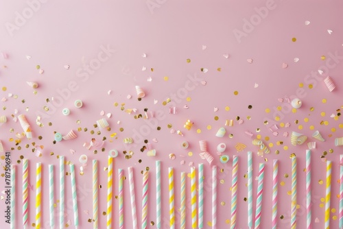 Pink and Yellow Striped Straws With Confetti and Streamers