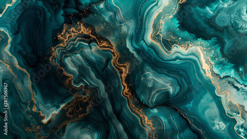 Teal & Gold Marble Abstract, Luxurious Top View Background