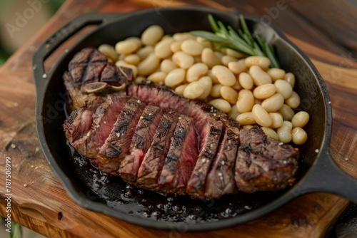 Grilled Rib Eye Steak with White Beans on Wooden Board