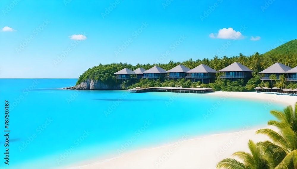  Tropical minimalistic mockup. Luxury panoramic view at exotic resort on turquoise seascape background. villas on beautiful beach on the ocean