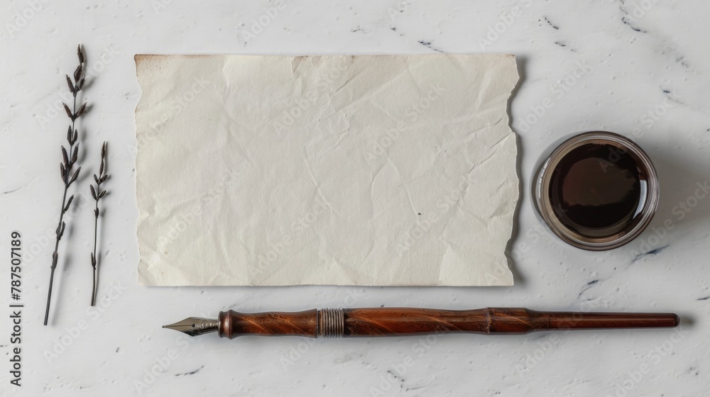 Blank mockup of a wooden dip pen with interchangeable nibs and a calligraphy ink bottle. . - obrazy, fototapety, plakaty 