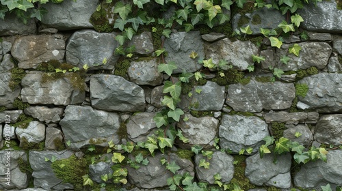 A seamless texture of a stone wall with ivy growing on it. The stones are a variety of colors and shapes, and the ivy is a deep green.