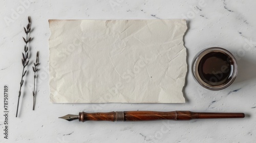 Blank mockup of a wooden dip pen with interchangeable nibs and a calligraphy ink bottle. .