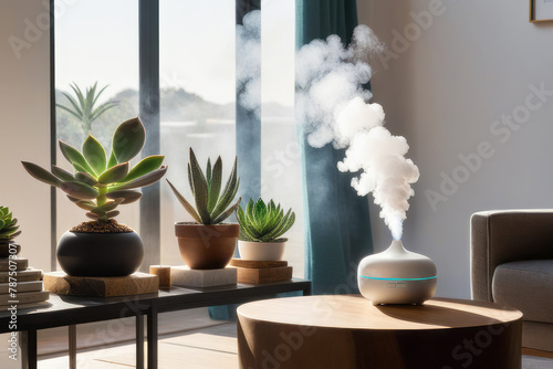 Tranquil Home Vibes. Aroma Oil Diffuser Emitting Rising Steam in Cozy Living Room