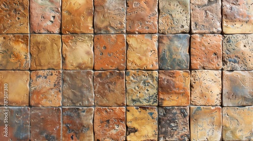 The image is a close-up of a wall made of square ceramic tiles.
