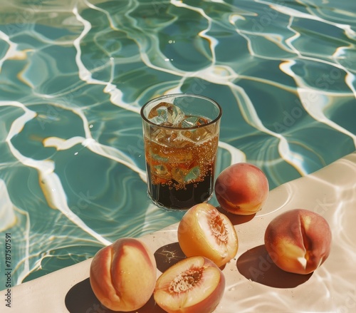 Glasses and Peaches Next to Pool