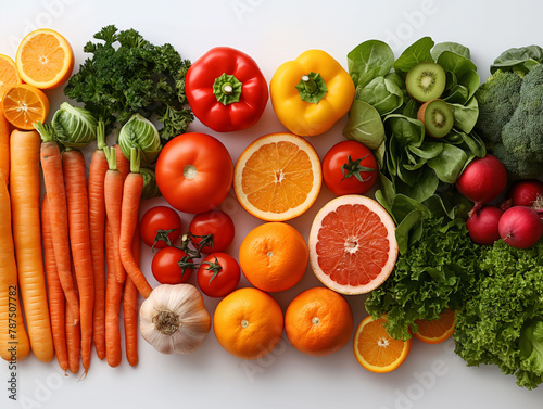 Top view of fruits and vegetables arranged neatly on a table