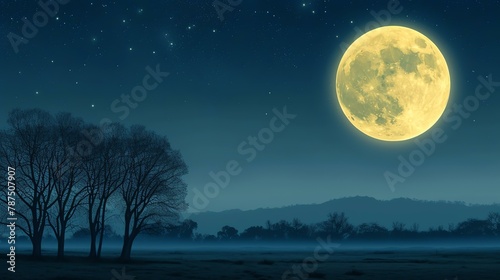Full moon rising over a dark landscape with mountains in the distance. The moon is surrounded by stars and there are trees in the foreground.