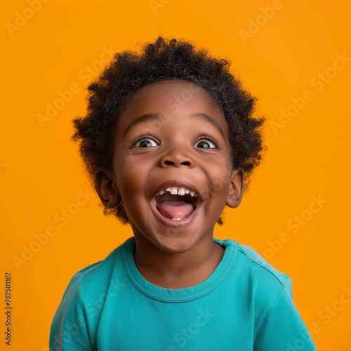 Exuberant young African American child laughing with joy, curly hair bouncing against a lively orange background.