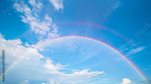 Rainbow appears in the blue sky over with gentle waves white clouds in the background © V.Semeniuk