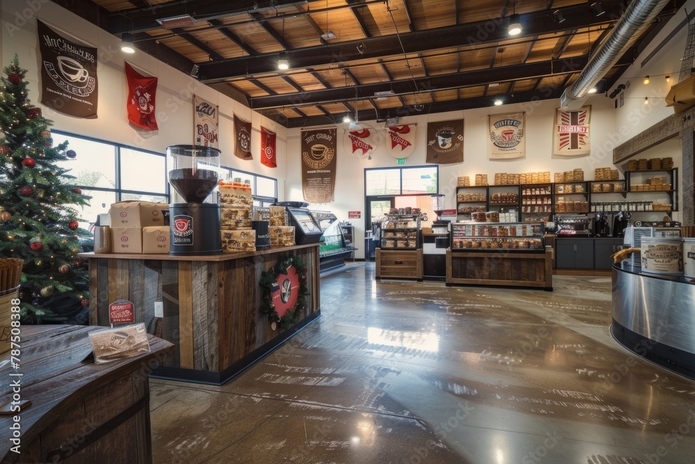 Holiday-Themed Coffee Roastery with Warm Seasonal Decorations