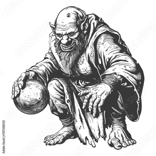 ogre mage or necromancer with magical orb images using Old engraving style