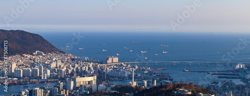 Aerial panoramic view with coastal buildings of Busan city 