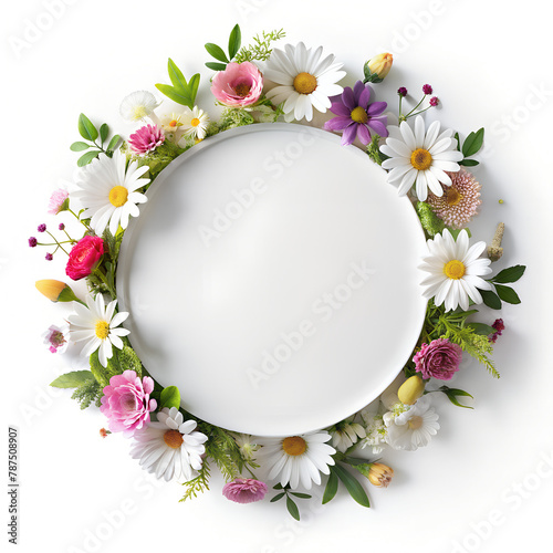 circle empty frame with flowers around. mockup