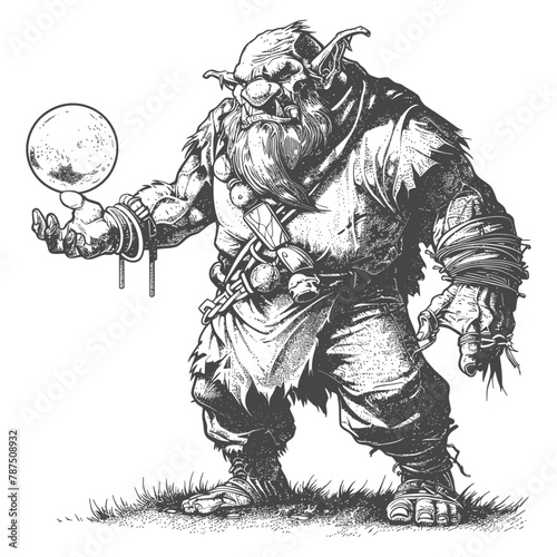 ogre mage or necromancer with magical orb images using Old engraving style