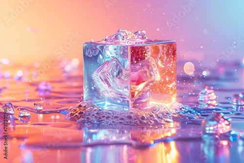 Ice cube levitating on colorful background
