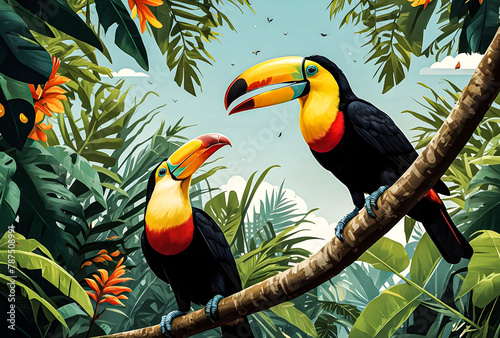 Toucans calling to each other from the treetops vector art illustration image.   © Ariyan