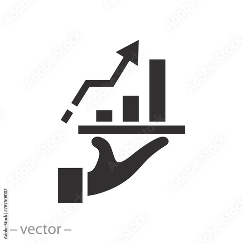 man holding success graph icon, statistic of growth, stock chart, flat symbol on white background -  vector illustration