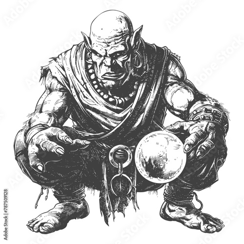 ogre mage or necromancer with magical orb images using Old engraving style