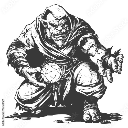 ogre mage or necromancer with magical orb images using Old engraving style