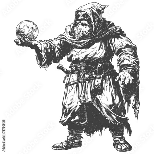 ogre mage or necromancer with magical orb images using Old engraving style