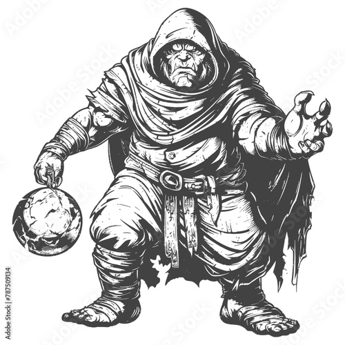 ogre mage or necromancer with magical orb images using Old engraving style