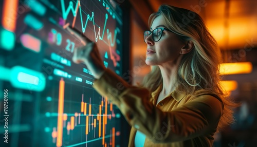 Analytical Businesswoman Examining Digital Financial Charts