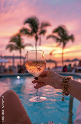 Person Holding Wine Glass by Swimming Pool