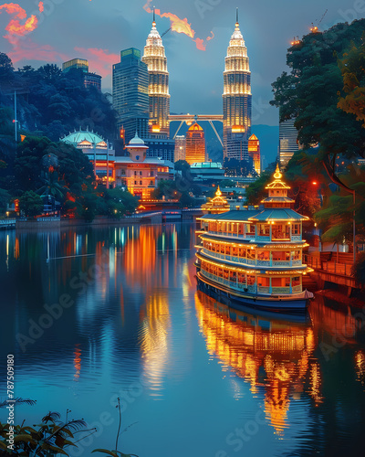 River Boat Cityscape Malaysia Art Southeast Asia Painting Vibrant photo