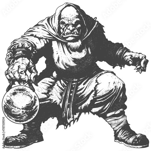 ogre mage or necromancer with magical orb images using Old engraving style