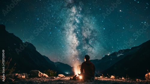 A wanderlust traveler gazes up at the Milky Way from the comfort of their campfire feeling awed by the vastness of the universe. 2d flat cartoon.