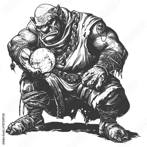ogre mage or necromancer with magical orb images using Old engraving style