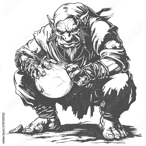 ogre mage or necromancer with magical orb images using Old engraving style