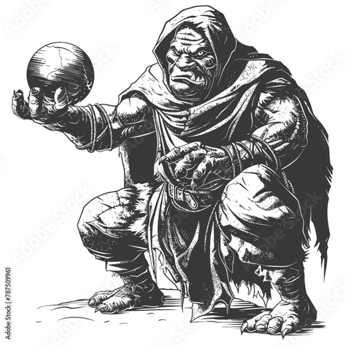 ogre mage or necromancer with magical orb images using Old engraving style