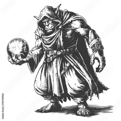 ogre mage or necromancer with magical orb images using Old engraving style