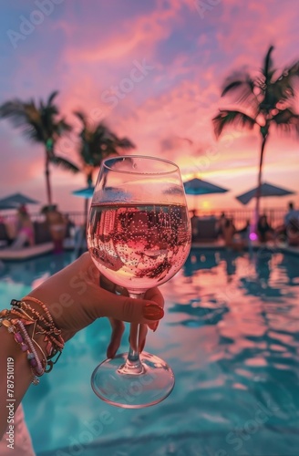 Person Holding Wine Glass by Swimming Pool