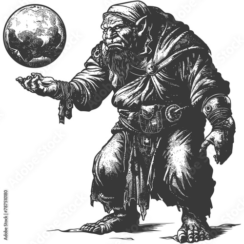ogre mage or necromancer with magical orb images using Old engraving style