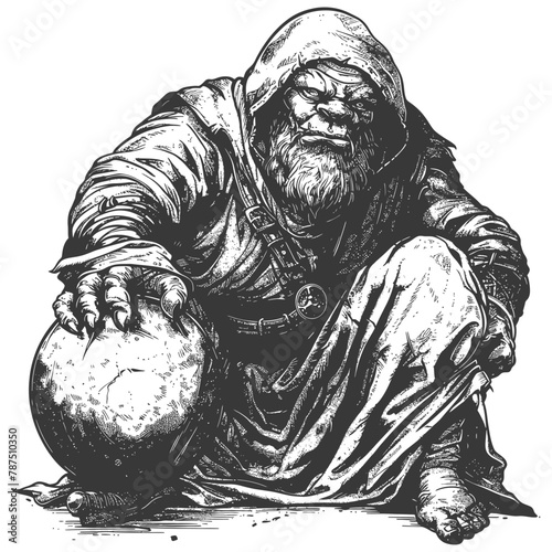 ogre mage or necromancer with magical orb images using Old engraving style