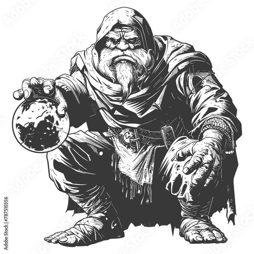 ogre mage or necromancer with magical orb images using Old engraving style