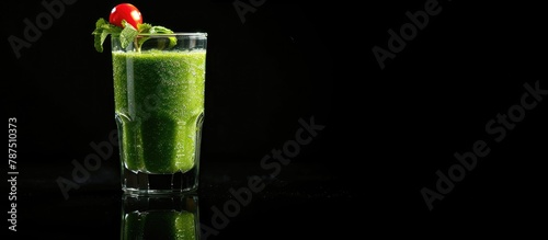 Green smoothie containing fruits and vegetables set against a black backdrop